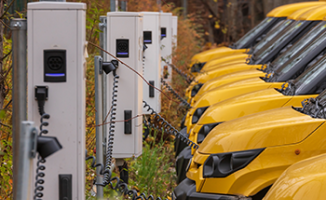 A row of electric vehicles charging