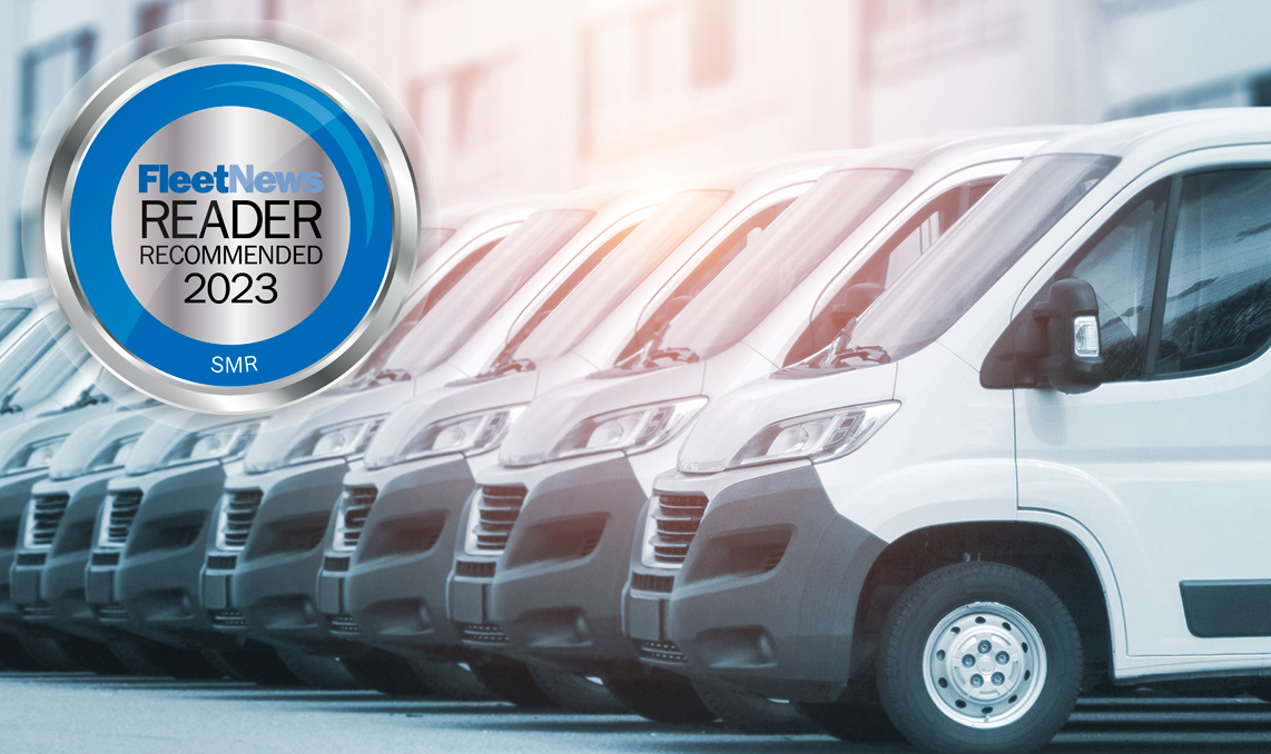 A row of white cargo vans with the 2023 FleetNews Reader Recommended 2023 logo