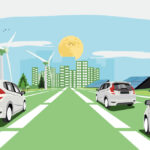 Cars on a city inbound highway with wind turbines and solar panels.