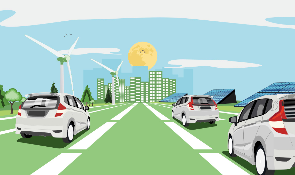 Cars on a city inbound highway with wind turbines and solar panels.